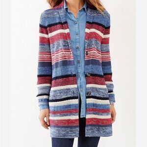 J. Jill Red White Blue Striped 3 Button Cardigan Size Small Petite